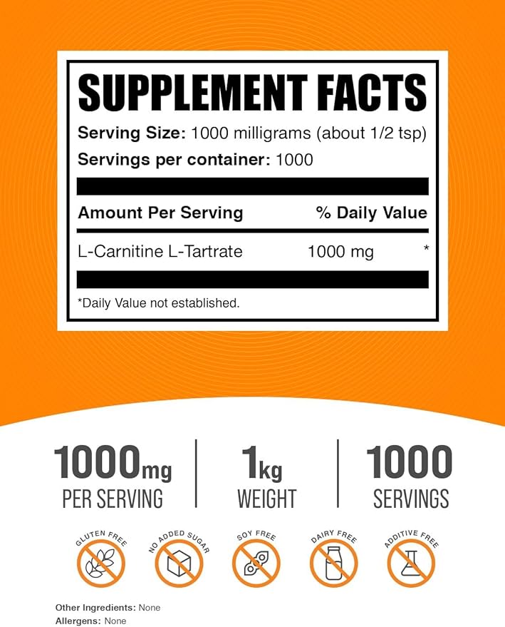 BulkSupplements.com L-Carnitine L-Tartrate Powder - Carnitine Supplement, L-Carnitine Tartrate, L Carnitine 1000mg - Amino Acids Supplement, Gluten Free, 1000mg per Serving, 1kg (2.2 lbs)
