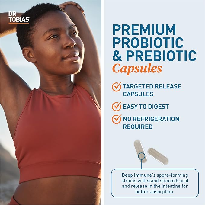 Dr. Tobias Deep Immune Probiotics & Prebiotics - Dual Action Digestion & Immune Support with PreforPro Prebiotics & Spore Forming Probiotics for Women & Men - 180 Capsules (90 Servings)