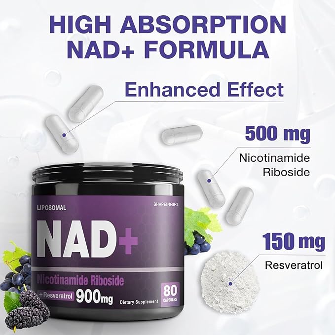 NAD+ Supplement - Nicotinamide Riboside, Resveratrol, Liposomal NAD Plus 900mg for Men and Women, NR Supplement for Energy Anti-Aging Focus, 160 Capsules