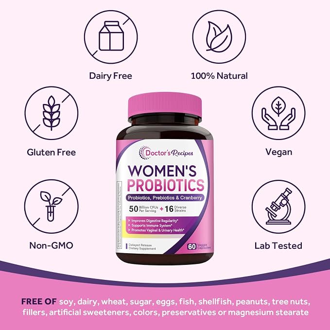 Doctor's Recipes Women's Probiotics, 120 Caps (2 Pack) 50 Billion CFU 16 Strains, with Organic Cranberry, Digestive Immune Vaginal & Urinary Health, Shelf Stable, Delayed Release, No Soy Gluten Dairy