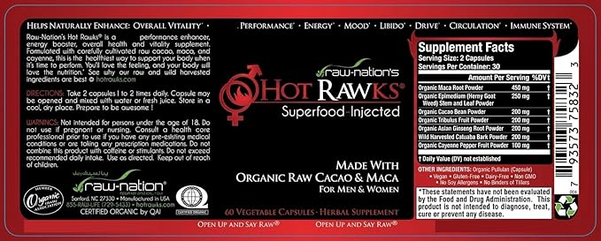 Hot Rawks Organic Superfood & Herbal Supplement for Men and Women – Maca, Korean Ginseng, Tribulus, Cacao + Botanical Blend – Vegan, Non-GMO, All-Natural Daily Vitality & Mood Support – 60 Capsules