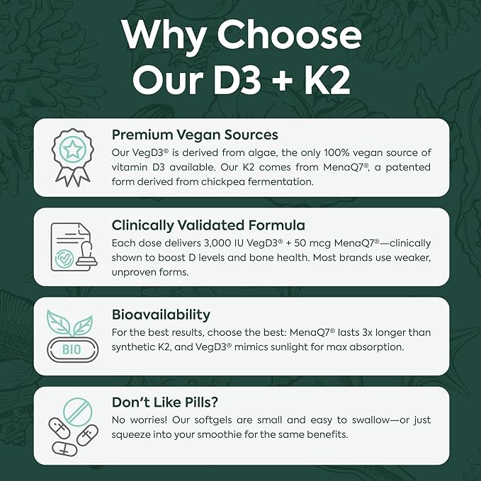 Organics Ocean Better D3 + K2-100% Organic VIT D3 and K2 Supplements with Maximum Bioavailability - Supports Bone Density, Calcium Balance, Immunity & Mood - 1-Pack, 30-Day Supply