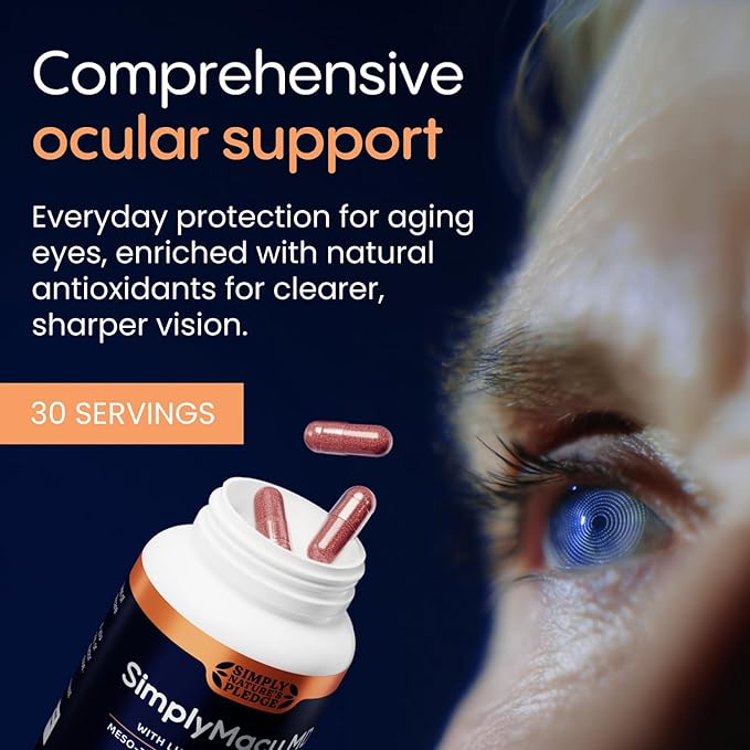 Simply Macu MD – Advanced Vision Support Supplement with Lutein, Zeaxanthin, Meso-Zeaxanthin & Astaxanthin – Bilberry Extract – Vegan, Non-GMO, Gluten Free – 30 Day Supply (30 Capsules)