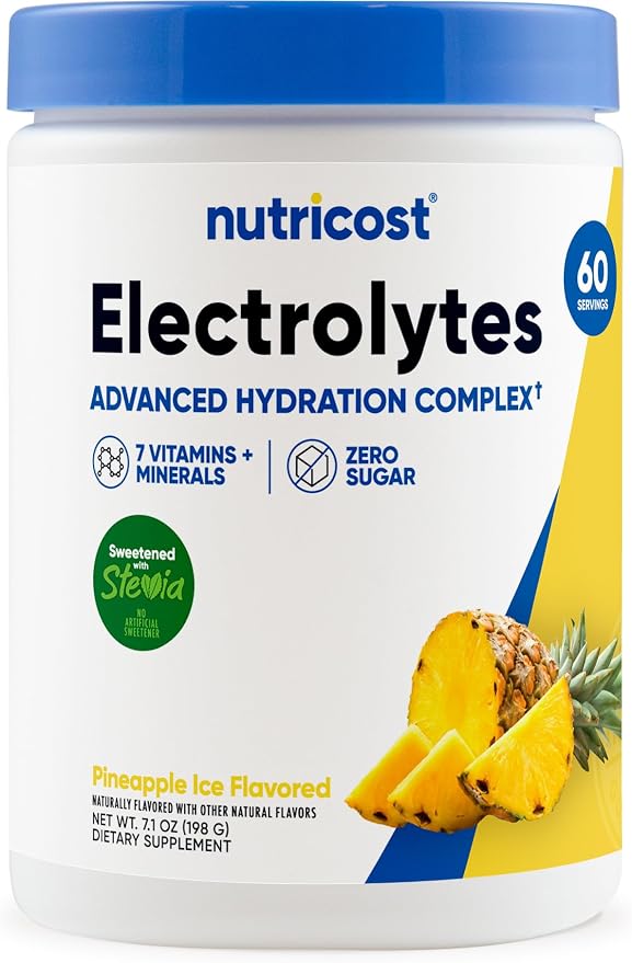 Nutricost Electrolytes Complex Powder (Pineapple Ice) 60 Servings - Advanced Hydration Complex, 7 Vitamins + Minerals, Zero Sugar, Sweetened with Stevia, Gluten-Free, GMO-Free