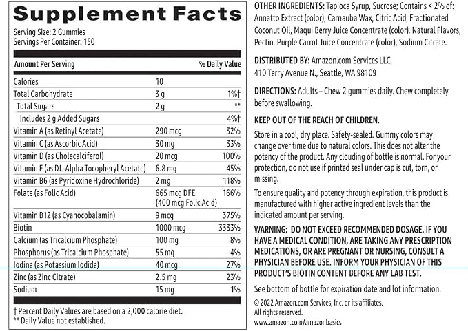 Amazon Basics Women's Multivitamin, Mixed Berry Flavor, Vegetarian & Gluten-Free, 300 Gummies (150 Servings) (Previously Solimo)