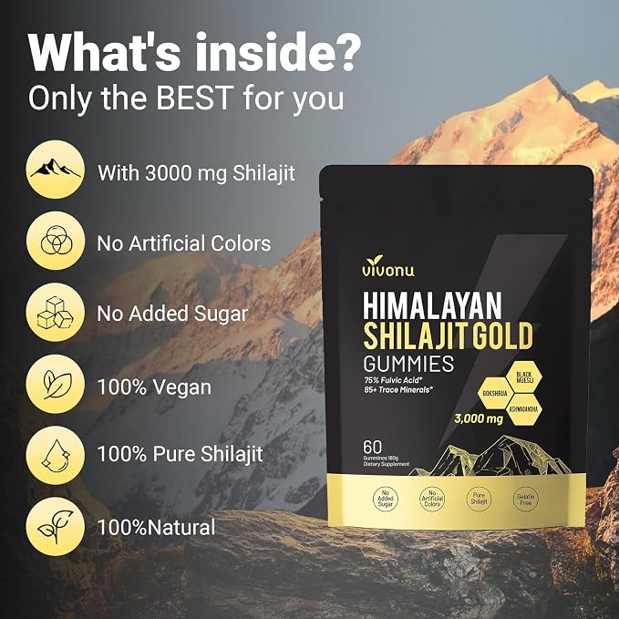 VivoNu Shilajit* Gummies,Pure Himalayan* micronutrient Supplement, Himalayan Premium Ingredient with Shilajit, Ashwagandha, Gokshura, Fulvic Acid & 85+ Trace Minerals I for Men & Women (3000MG/2 Bag)