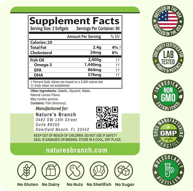 Triple Strength Omega 3 Fish Oil Supplements 2400mg | 180 Capsules, Burpless High Potency Lemon Flavor, High EPA DHA for Men & Women Ultra Pure Softgels | Joint Support, Eyes, Heart Brain Health Pills