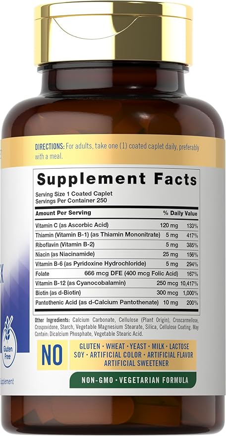 Carlyle Vitamin B Complex for Women and Men | 250 Caplets | with Vitamin C | Vegetarian, Non-GMO, and Gluten Free Supplement