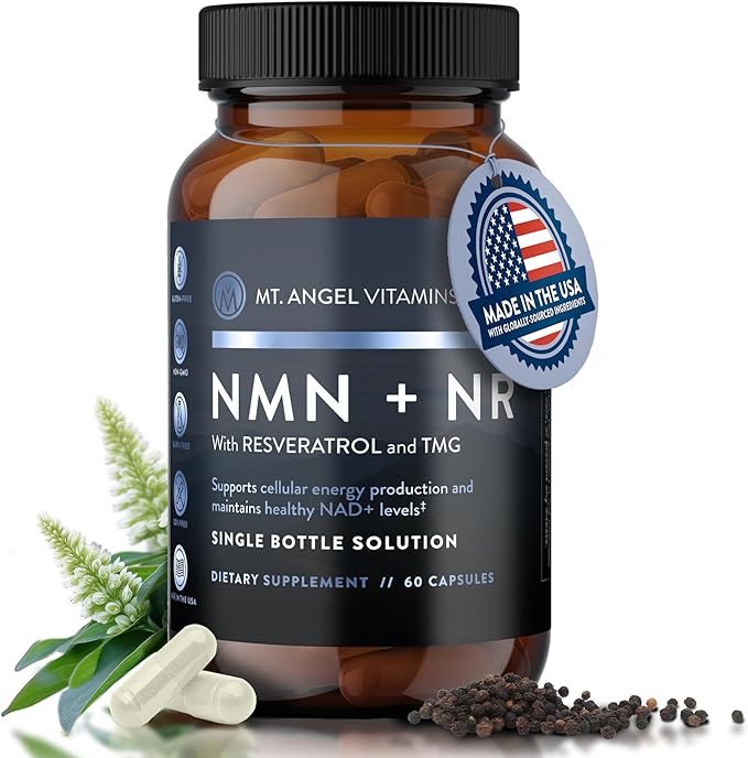 Mt. Angel Vitamins NMN Supplement + NR with Resveratrol & TMG, Dual NAD+ Precursors for Cellular Energy & Healthy Aging, 60 Capsules