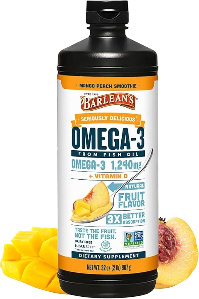 Barlean's Omega 3 Fish Oil Liquid Supplement with Vitamin D for Men and Women, 1080mg of EPA and DHA Fatty Acid, Promotes Brain & Heart Health - Non-GMO, Mango Peach, 32 oz
