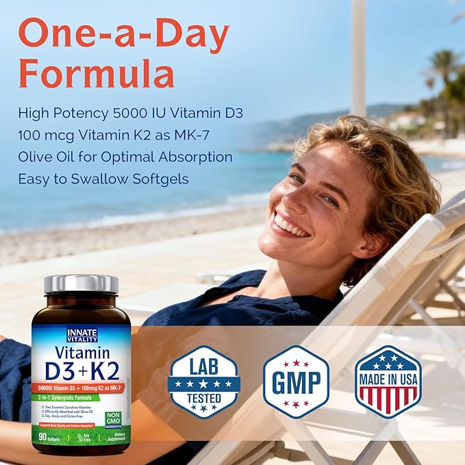 Innate Vitality Vitamin D3 K2 Supplement 90 Softgels, Vitamin D3 5000 IU + K2 100 mcg with Cold-Pressed Olive Oil for Maximize Absorption, Non-GMO, No Soy or Gluten, Bone, Immune & Heart Support