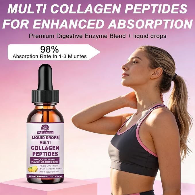 Liquid Collagen Peptides - Types I, II, III, V, X, Multi Collagen Complex | Hydrolyzed Collagen Drops for Women Men, Hair, Skin, Nails Support, Collagen Supplement w. Hyaluronic Acid, Biotin, Vitamin C