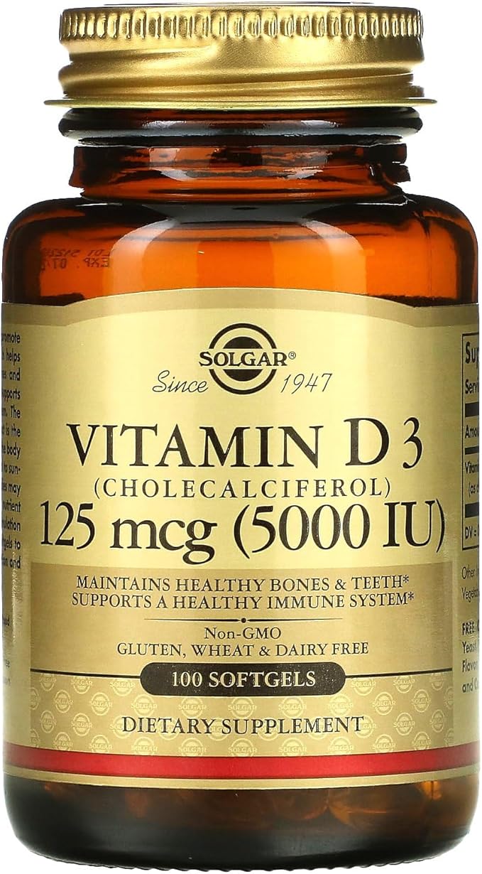 Solgar Vitamin D3 (Cholecalciferol) 125 MCG (5000 IU), 100 Softgels - Helps Maintain Healthy Bones & Teeth - Immune System Support - Non GMO, Gluten-Free, Dairy Free - 100 Servings
