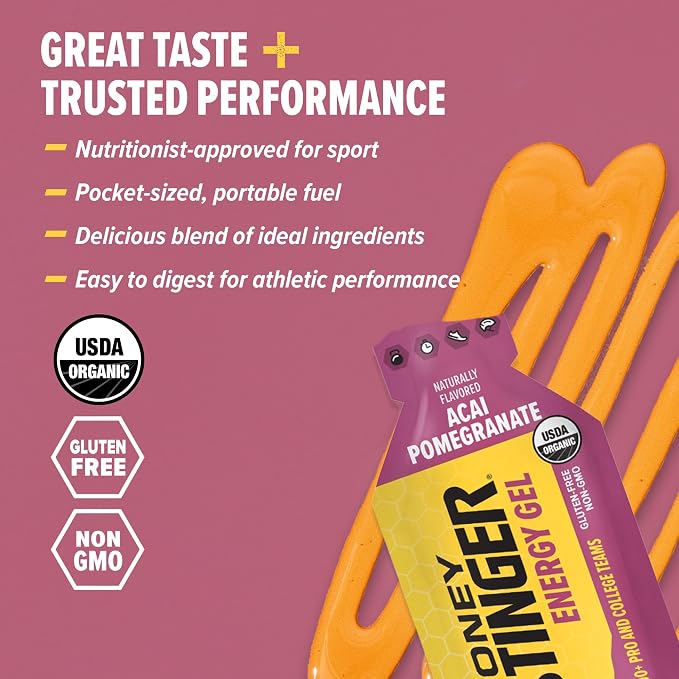 Honey Stinger Organic Acai Pomegranate Energy Gel, Gluten Free & Caffeine Free, for Exercise, Running and Performance, Sports Nutrition for Home & Gym, Pre and Mid Workout, 24 Pack, 26.4 Ounce | sports-nutrition-endurance-and-energy-chews