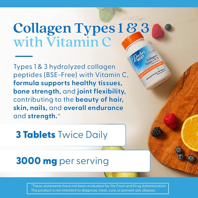 Doctor's Best Collagen Peptides Types 1 & 3 - Collagen Supplement for Women & Men, Supports Hair, Skin, Nails, & Joint Health, Includes 30 mg Vitamin C & 3 g Protein Per Serving, Non GMO - 180 Tablets