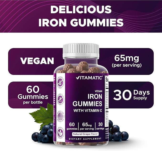 Vitamatic Iron 65 mg Gummies Supplement for Women & Men - 60 Vegan Gummies - Great Tasting Iron Gummy Vitamins with Vitamin C (2)