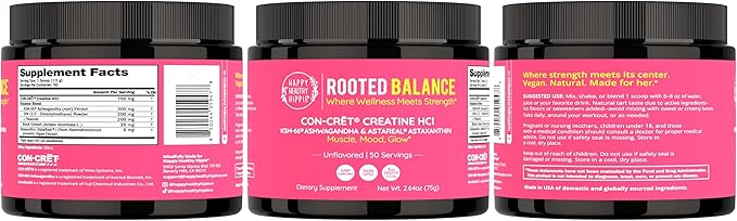 Happy Healthy Hippie Creatine HCl Powder with KSM-66 Ashwagandha | Vegan Creatine for Women | 38x Solubility vs Monohydrate | Hormone Balance | Minimal Bloat | Unflavored, 50 Servings