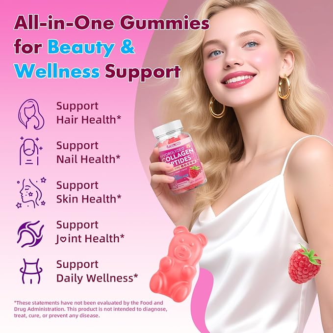 MEENCCD Hydrolyzed Collagen Peptides Gummies for Women & Men, Multi-Collagen Type I,II,III,V,X with Biotin, Hyaluronic Acid, Zinc, Vitamin C, E - Skin, Hair, Nails, Raspberry Flavor, 60 Count