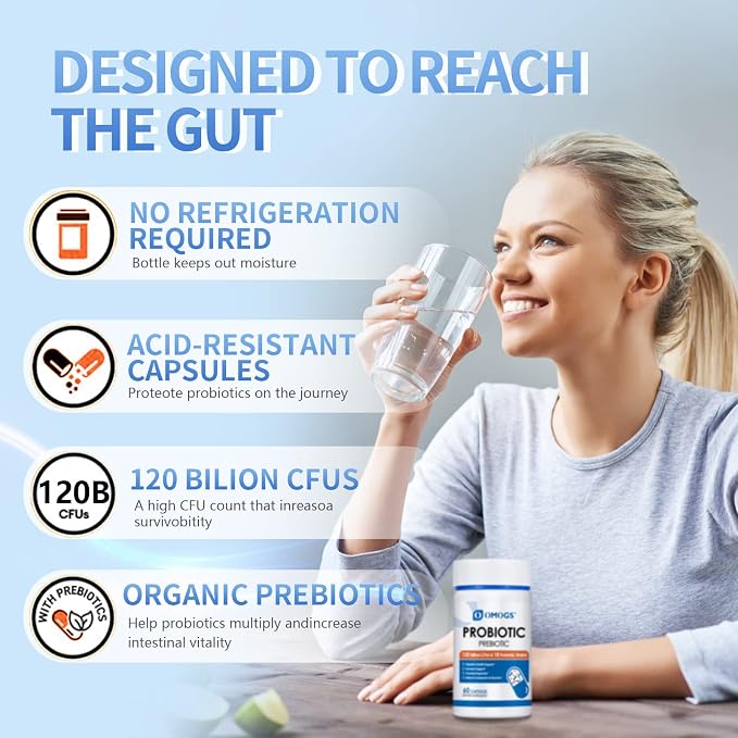 OMOGS Probiotics 120 Billion CFUs 18 Strains, 3 Prebiotics & Digestive Enzymes, Helps Digestive, Gut Health, Immune, Supports Occasional Constipation, Diarrhea & Gas - for Women & Men, 90 Capsules