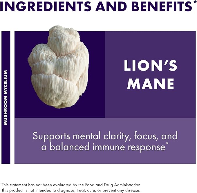 Host Defense Mushrooms Lion's Mane - Brain Health Support Supplement for Focus & Memory Function - Immune & Nervous System Support Supplement- 30 Capsules