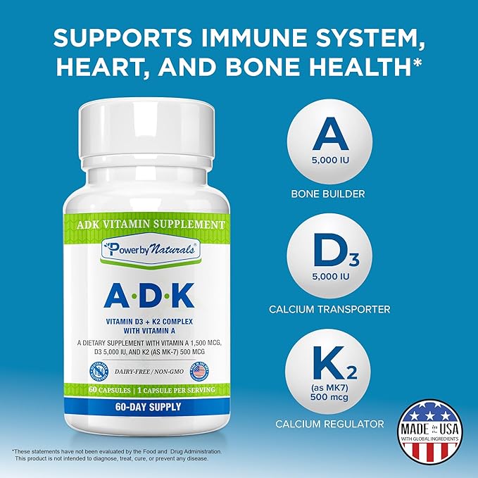 Power By Naturals ADK Vitamin Supplement – Vitamins A, D3 & K2 MK-7 for Bone Health & Calcium Absorption – Gluten-Free, Soy-Free – 60 Capsules (2-Month Supply)