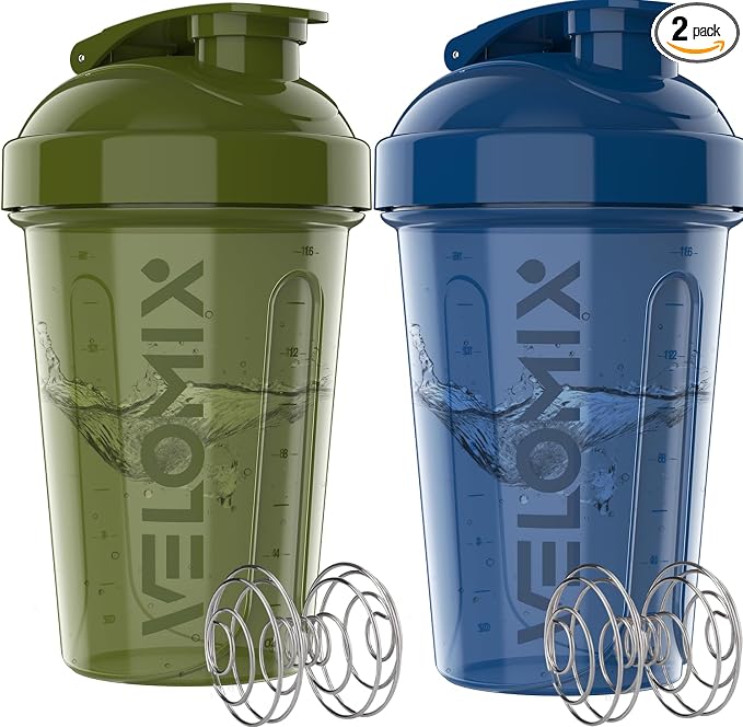 VELOMIX -2 Pack- 20 oz Protein Shaker Bottles for Protein Mixes - 2x Wire Whisk | Leak Proof Shaker Cups for Protein Shakes and Pre Workout | Protein Shaker Bottle Pack (B3) Green/Blue