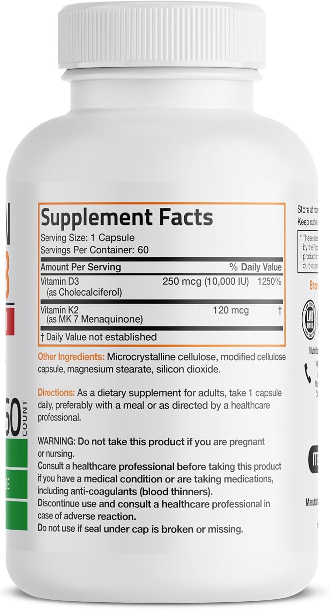Bronson Vitamin K2 (MK7) with D3 Extra Strength Supplement Bone Health Non-GMO Formula 10,000 IU & 120 mcg MK-7 Easy to Swallow D K, 60 Capsules