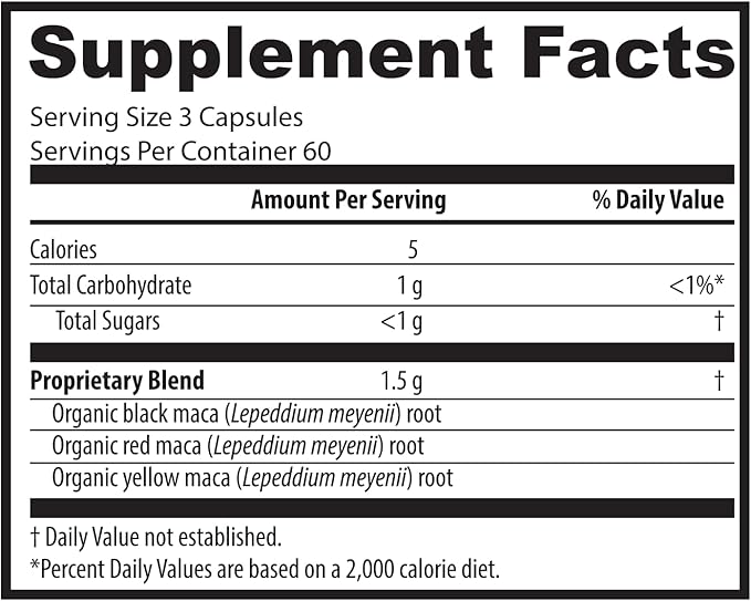 Zen Spirit Maca Root Capsules Gelatinized - Yellow, Red & Black Powder Blend - Organic & Vegan Certified - 180 Pills 500mg - Supplement for Men and Women