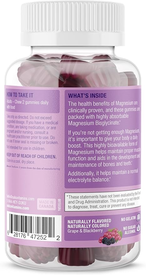 SUKU Vitamins - Mega Strength Magnesium - 177 mg of Magnesium Bisglycinate Gummies for Muscle Function - Easy to Chew - Non GMO, Gluten Sugar Free - Grape BlackBerry Flavored Gummy Vitamins (50 Count)