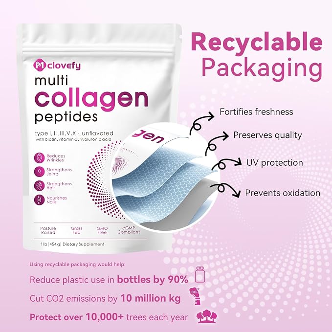 Multi Collagen Peptides Powder, 16 Oz (41 Servings) - Protein Supplement, Type I, II, III, V, X with Hyaluronic Acid, Vitamin C and Biotin, Unflavored, Easily Mixes in Drinks