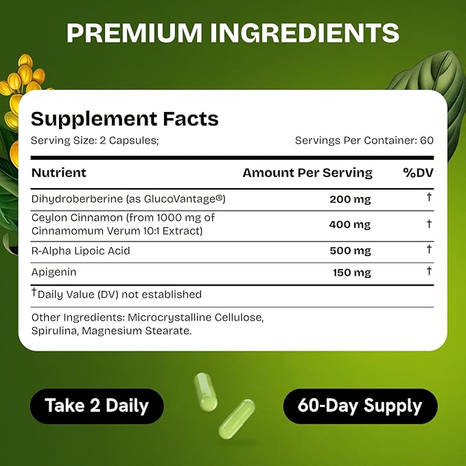 Dihydroberberine Supplement - Dehydro Berberine Organic - Super Berberine Supplement with Ceylon Cinnamon & R Alpha Lipoic Acid & Apigenin - Hydroberberine 120 caps (1 Pack)