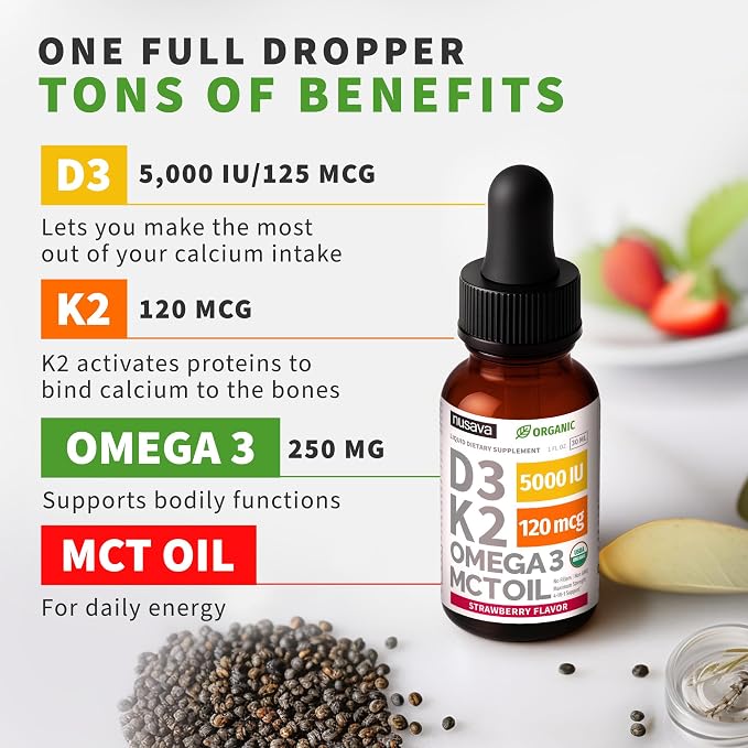 (2 Pack) Organic Vitamin D3 K2 Drops 5000 IU with MCT Oil Omega 3 - Maximum Strength Liquid D3 with No Fillers, Non-GMO for Faster Absorption, Immune Support (Strawberry, 2 Fl Oz)