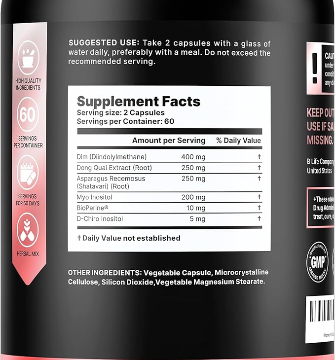 DIM Supplement 400 mg with Myo & D-Chiro Inositol, Dong Quai – Hormone Balance for Women – Fertility Supplements – Inositol Supplement - 120 Caps