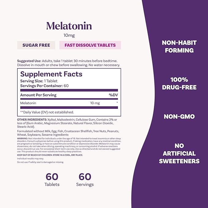 Natrol Melatonin 10mg Fast Dissolve Tablets - Peppermint Flavor, 60 Count, Sleep Support, Fast Dissolve Melatonin for Adults, 60-Day Supply