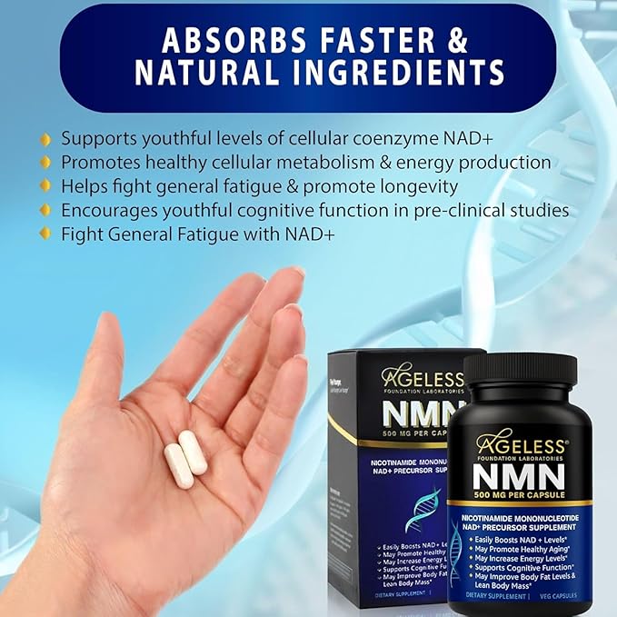 NMN Supplement 500mg Nicotinamide Mononucleotide | Supports NAD+ Levels, Energy, Cognitive Function, Muscle Health & Healthy Body Composition – Capsules (30)