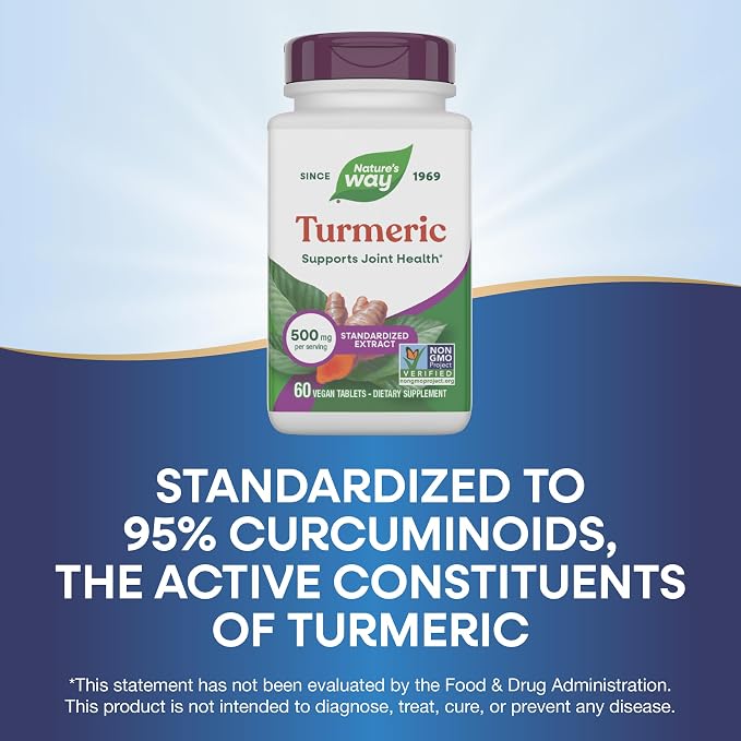 Nature's Way Turmeric, Premium Extract, Supports Joint Health*, Standardized to 95% Curcuminoids, 500 mg Serving, Non-GMO Project Verified Supplements, 60 Tablets (Packaging May Vary)