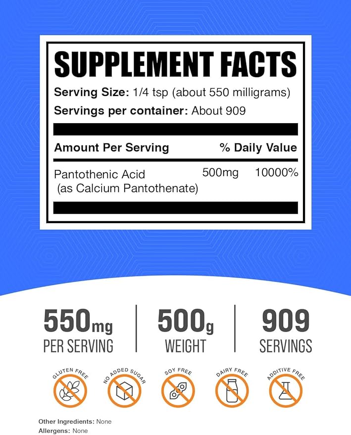 BulkSupplements.com Vitamin B5 Powder - as Calcium Pantothenate, B5 Vitamins - Gluten Free, 500mg of Vitamin B5 Pantothenic Acid per Serving, 500g (1.1 lbs) (Pack of 1)