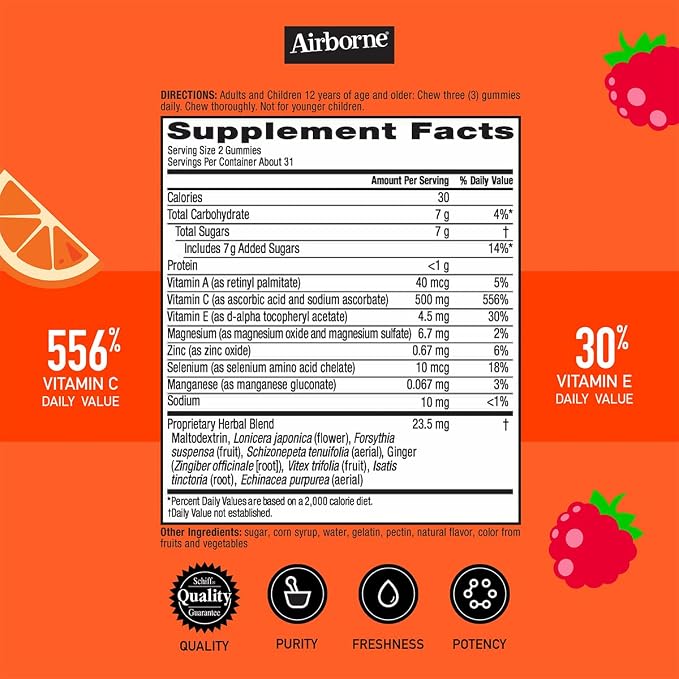 Airborne Kids 500mg Vitamin C Gummies, Kids Immune Support Zinc Gummies with Powerful Antioxidants VIT C & E - 63 Gummies, Assorted Fruit Flavor (Pack of 2)