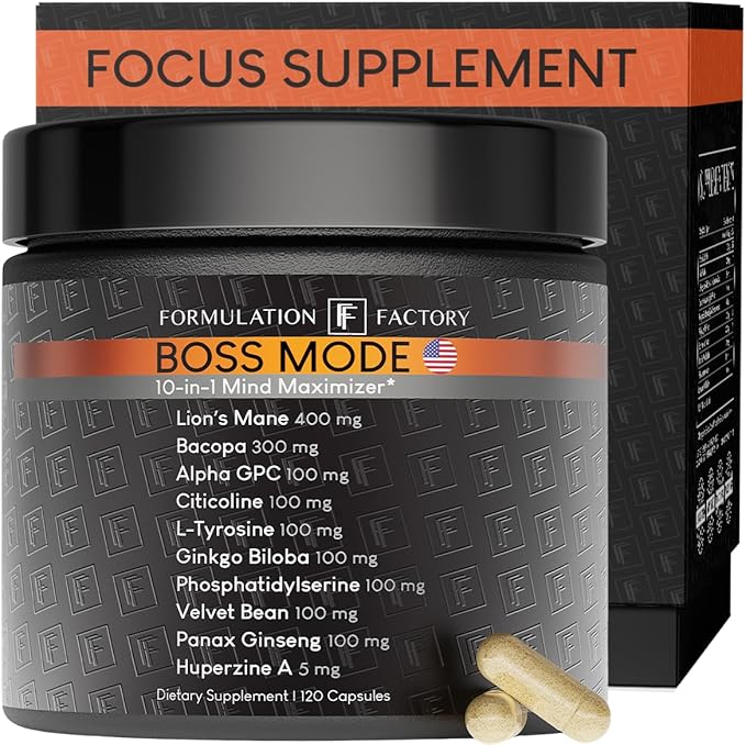 Formulation Factory Nootropic Brain Supplement - Boss Mode Focus & Memory Complex with Lion's Mane, Alpha GPC & Bacopa - Cognitive Support - 120 Capsules, 2 Month Supply