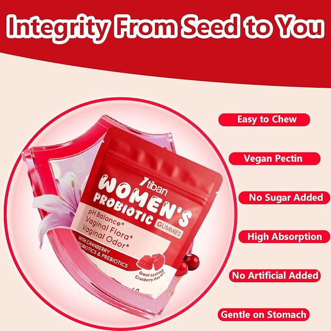 Vaginal Probiotics Gummies for Women, Premium Feminine pH Balance Gummies, Healthy Odor, Yeast Balance & Flora + Vitamin C for Immune Support, 60ct Cranberry Flavor