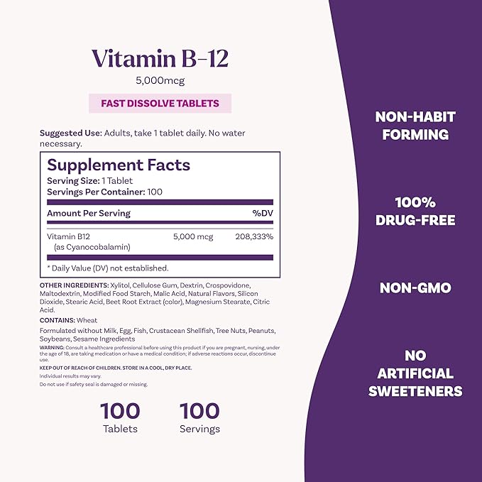 Natrol Vitamin B12 5,000 mcg, Fast Dissolve Vitamin B12 Supplement Supports a Healthy Nervous System and Energy Metabolism, 100 Tablets, Up to a 100 Day Supply