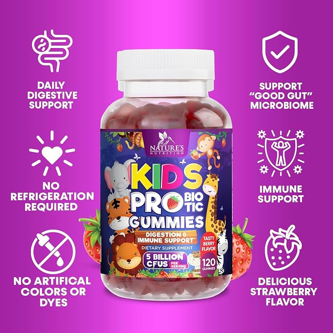 Probiotic for Kids - Natural Immune Support & Digestive Health Supplement - Nature's Daily Children's Probiotic Gummy for Ages 4+ Vegan, Gluten, Soy & Dairy Free - Berry Flavored - 120 Gummies