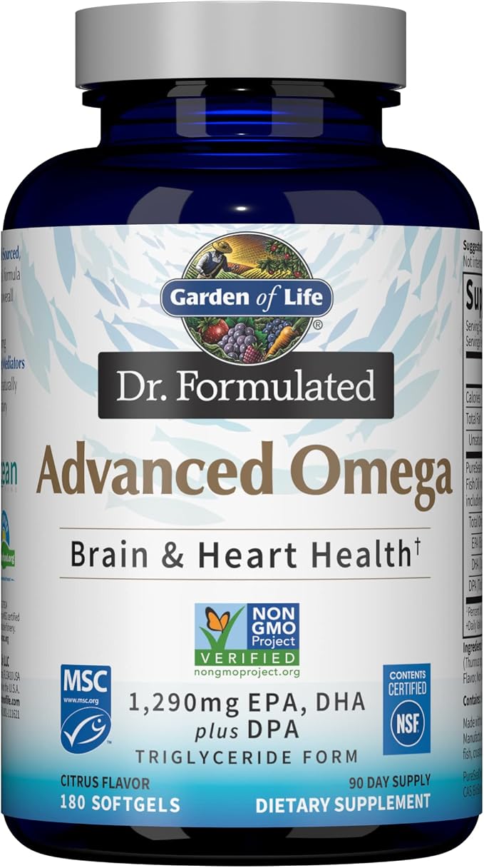 Garden of Life Dr. Formulated Advanced Omega Fish Oil, 1,290mg EPA DHA & DPA in Triglyceride Form - Omega 3 Fish Oil Supplement for Heart Health & Brain Support, Non-GMO, Citrus Flavored, 180 Softgels