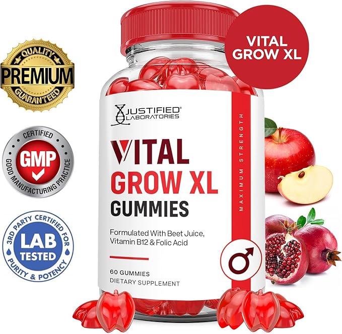 Justified Laboratories Vital Grow XL Performance Gummies 1000MG Advanced Formula Formulated with ACV Pomegranate Beet Juice Powder B12 Vegan Non GMO 60 Gummys