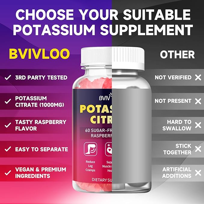 Potassium Citrate Gummies for Adults, Sugar-Free Potassium 1000mg Support Leg Cramps & Electrolyte Balance High Potency 60 Count