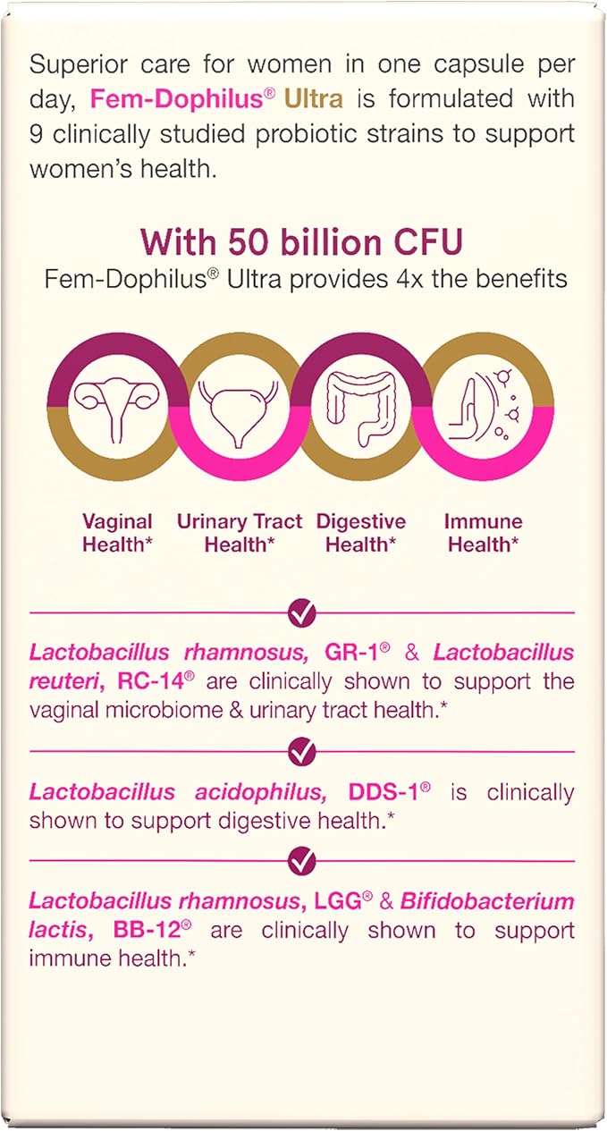 Jarrow Formulas Fem-Dophilus Vaginal & Digestive Probiotic 50 Billion CFU, 9 Clinically-Studied Strains, for Vaginal Flora & Yeast Balance, Urinary Tract, Digestive, & Immune Support, 30 Capsules