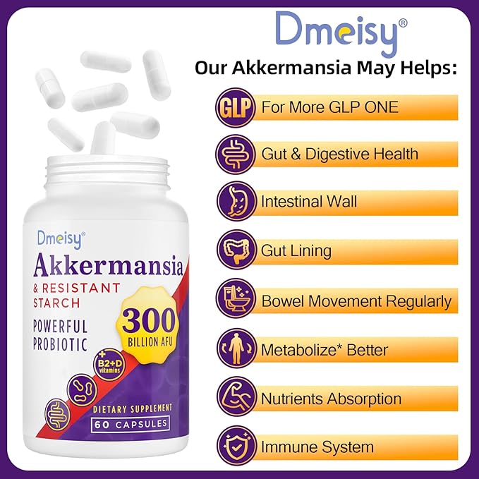 Akkermansia Supplement - 300 Billion AFU Akkermansia Muciniphila, Akkermansia Probiotic for Women & Men, for Boost, Digestive, Gut, Immunity, Enhances Gut Lining Function & Intestinal Walls, 120 Count