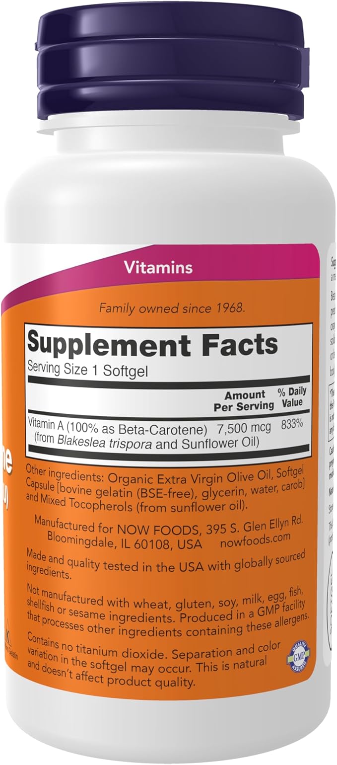 NOW Foods Supplements, Natural Beta Carotene 25,000 IU, Essential Nutrition, 90 Softgels