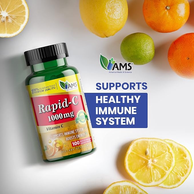 America Medic & Science Rapid-C 1000mg Vitamin C Supplement (3 Pack of 100 Tablets) Energy Booster, Daily Immune System Support, Antioxidant | Vegan, Non-GMO Coated Ascorbic Acid for Adult Men & Women