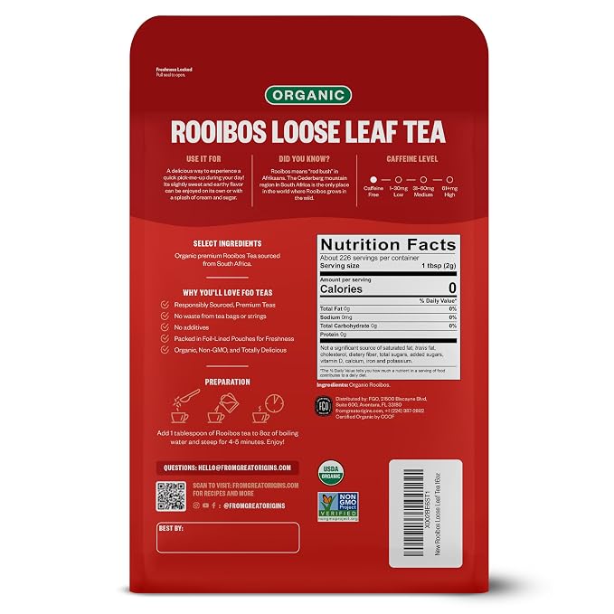 FGO Organic Rooibos Tea, 16 Ounce Loose Leaf Bulk Resealable Bag, Caffeine Free, Packaging May Vary (Pack of 1)